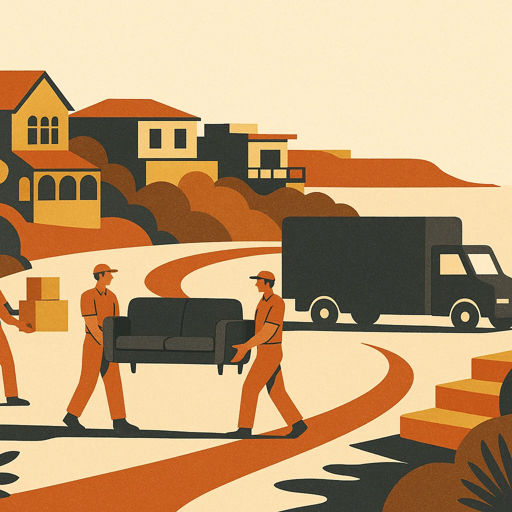 Removalists carefully carrying a wrapped sofa from an Eastern Suburbs terrace, with a moving truck at the kerb